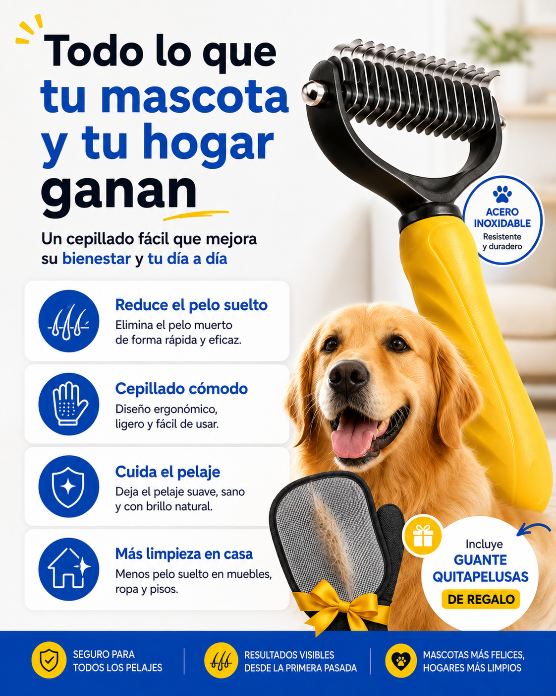 Cepillo MudaPro™ Desenreda y Saca Pelo Suelto + Guante Quita Pelos 🎁